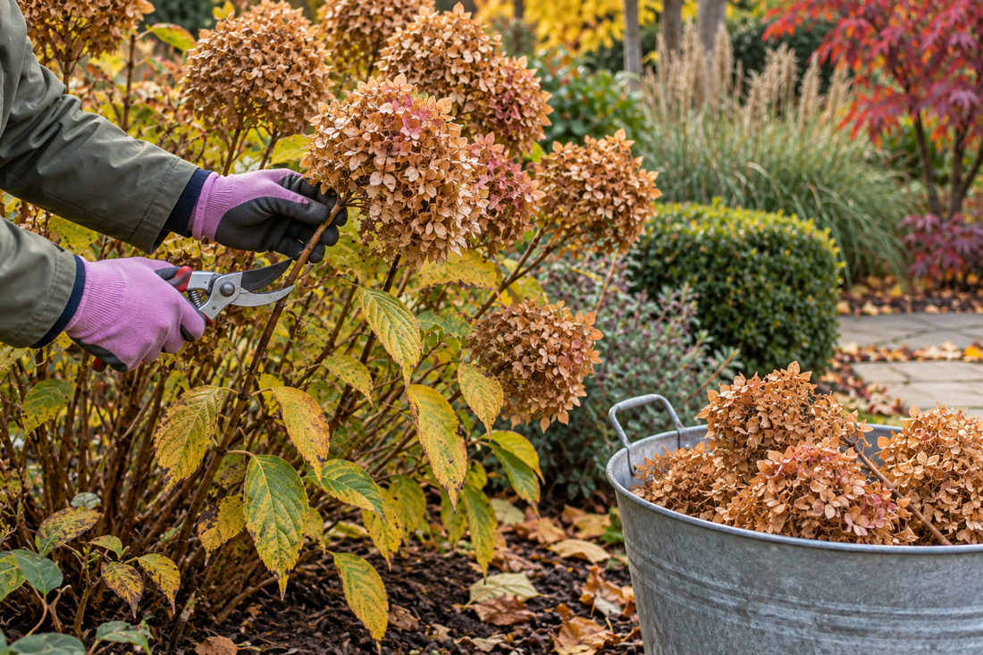 Gardener in pink gloves using hand shears to prune dry brown flower heads into a metal bucket.