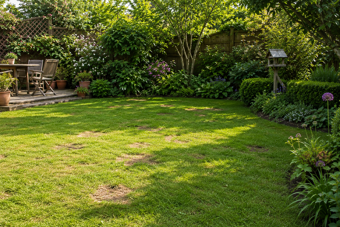 Green lawn with several bare brown patches in a sunny suburban garden with wooden fencing and borders.