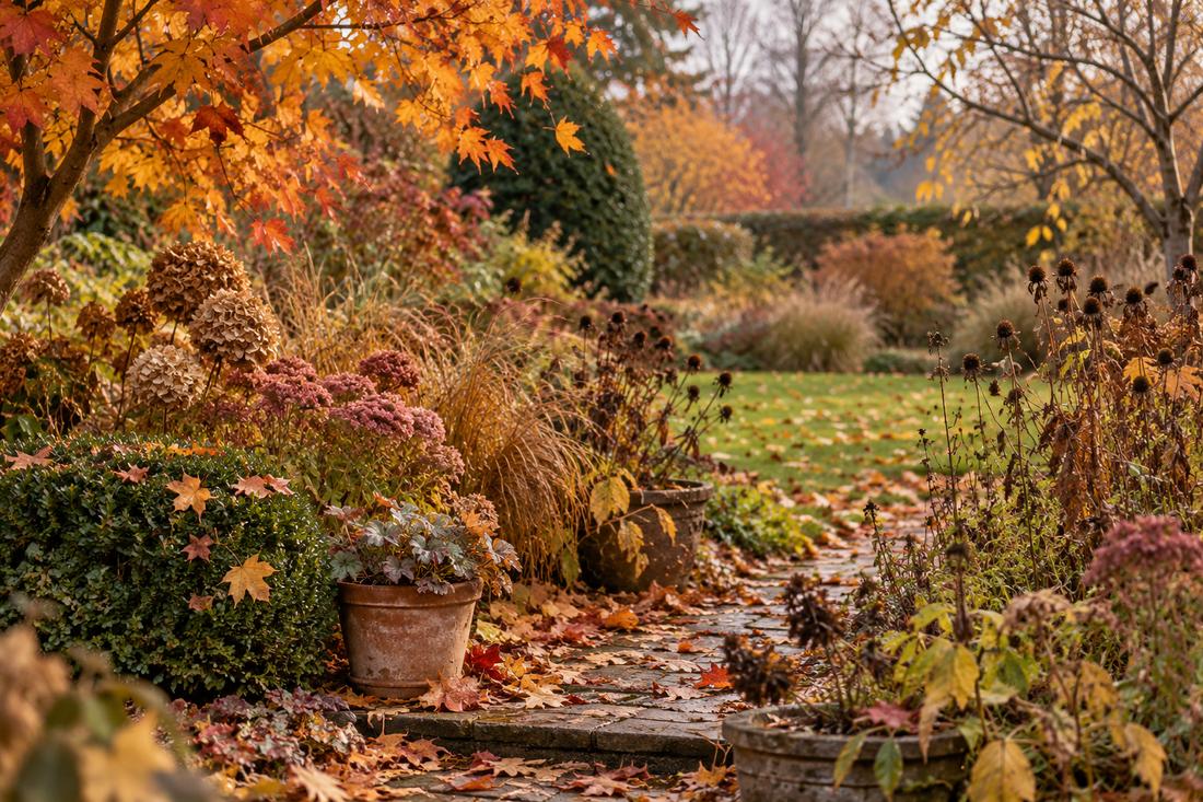 Garden path covered in fallen autumn leaves beside potted plants and trees with orange and yellow foliage.