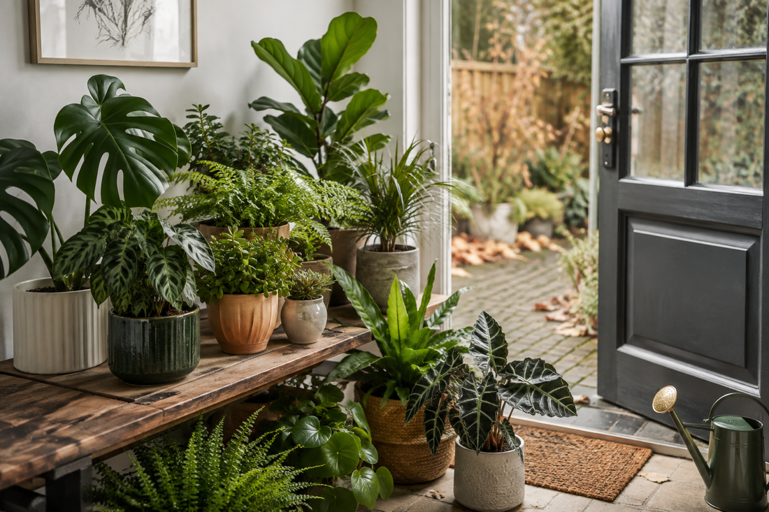 Various potted houseplants arranged on a wooden bench beside an open door leading to a garden.
