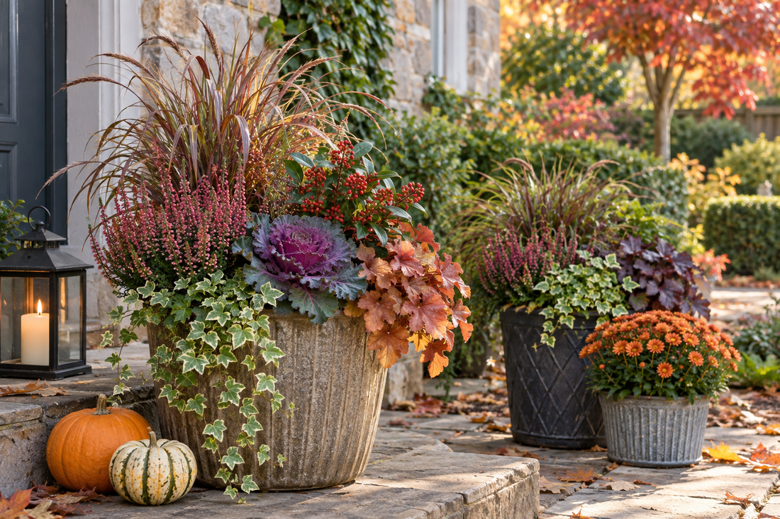 Large autumn garden planter filled with ornamental grasses, pink heather, red berries, purple cabbage, and trailing ivy on stone steps.
