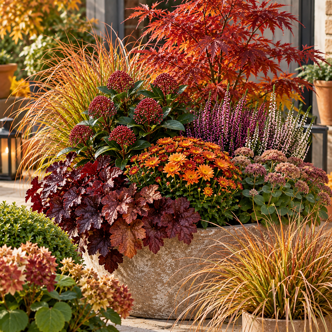 Large outdoor pot filled with a vibrant mix of autumn plants, featuring bright orange chrysanthemums and dark red foliage.