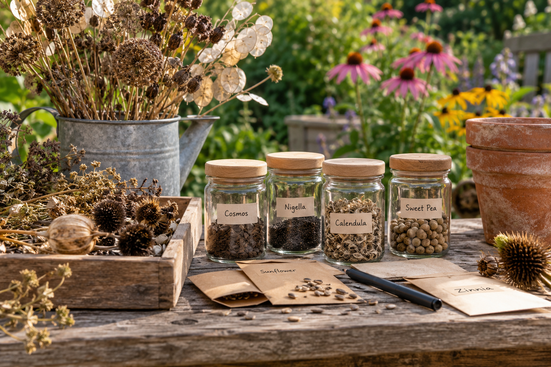 Four glass jars with labeled seeds sit on a wooden table beside brown paper envelopes and a metal watering can.