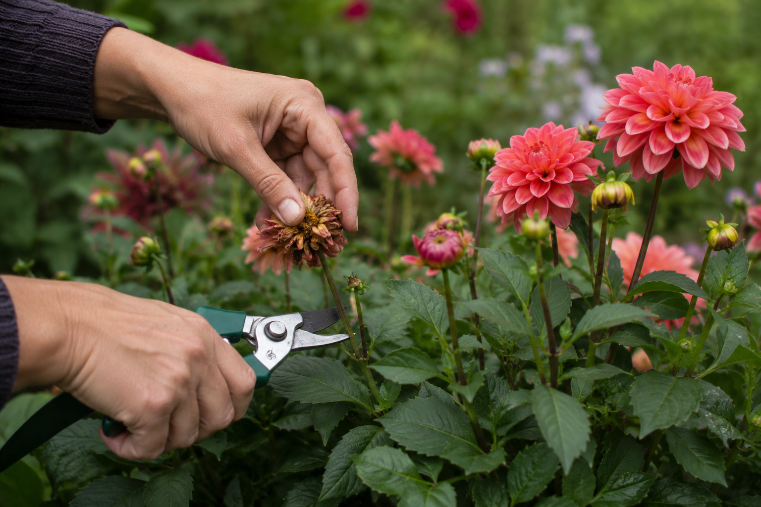 Hands using green pruners to snip a spent brown blossom from a pink flowering plant in a garden.