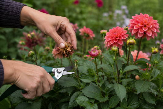 Hands using green pruners to snip a spent brown blossom from a pink flowering plant in a garden.