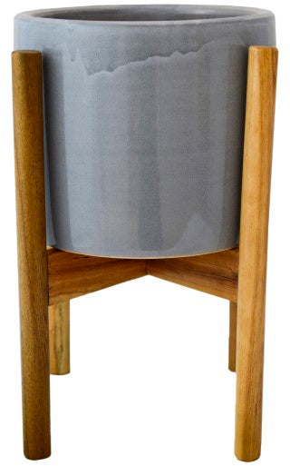 Anzio Warm Grey Planter with Wooden Stand H38.5Cm D24Cm ( New Embossed Logo)