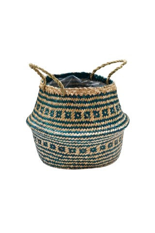 Seagrass Tribal Teal Lined Basket Medium H30Cm D35Cm